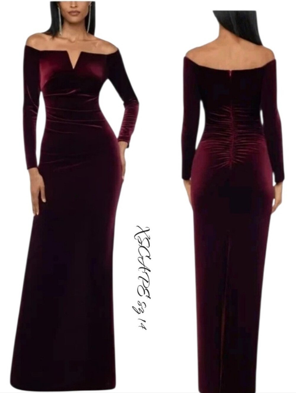 XSCAPE Burgundy Velvet Off The Shoulder Long Sleeve Gown Size 14 - Picture 3 of 12